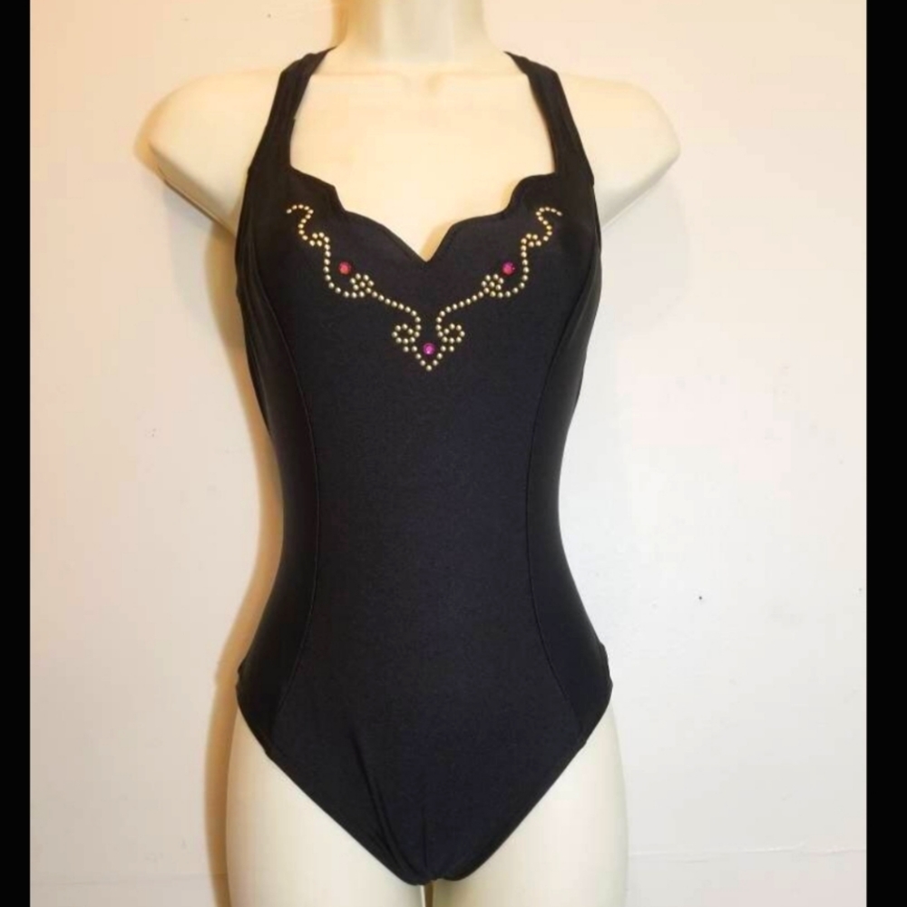 JANTZEN SWIMSUIT ONE PIECE VINTAGE SEXY 80S STUDDED SIZE 10 BEACH SWIM VACATION